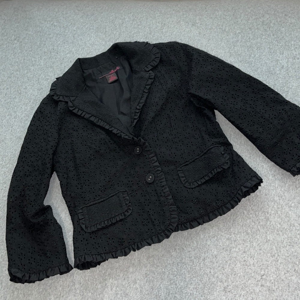 Black Crop Blazer Jacket Small Petite Ruffle Eyelet Coquette Preppy Kawaii